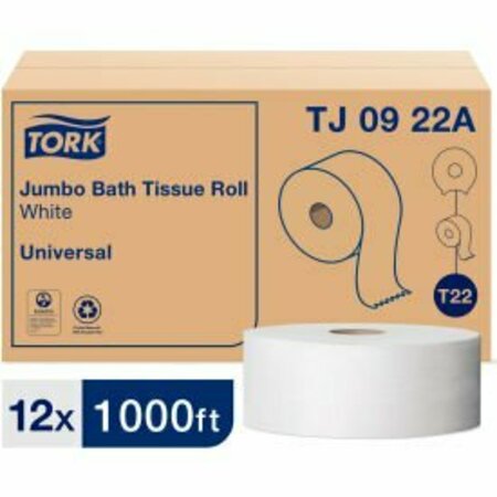 TORK Bath Tissue, Jumbo, 1-Ply, 3-9/16inx1000', 12/CT, White; TISSUE, JRT, UNIV, 2PLY, 9in TJ0922A
